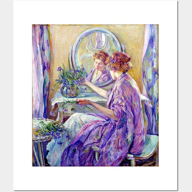 Woman in Violet Kimono Arranging Purple Flowers At A Table and Mirror, Robert Reid 1910 Wall Art by rocketshipretro